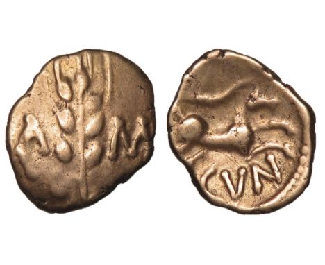 Cunobelinus Linear gold quarter stater. Circa 8-41 AD. Corn ear with central stalk, CA left, MV to right. R. Horse right, lad