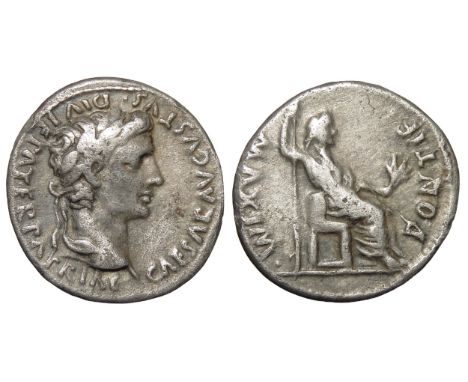 Augustus denarius.Â&nbsp;27Â&nbsp;BCÂ&nbsp;- 14 AD, CAESAR AVGVSTVS DIVI F PATER PATRIAE, laureate head right. R. PONTIF MAXI