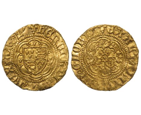 Henry VI quarter noble, Calais. Annulet issue, 1422-1430 AD. Shield of arms within tressure, three lis around shield, +HENRIC