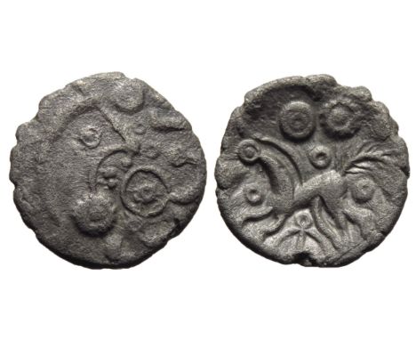 East Wiltshire, Upavon Moon Head silver unit. Circa 50BC - 30BC. Moon head right, three crescents for hair, large chin and st