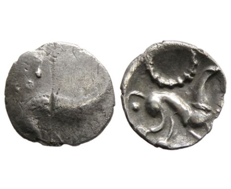 Corieltavi silver unit, South Ferriby Boar Horse type. Circa 45BC-50BC. Simplified boar right, ring of pellets above, other r