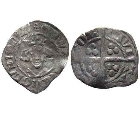 Edward III class 15d penny, Canterbury. First coinage 1327-35 AD. Crowned facing bust, +EDWAR R ANGL DNS HYB. R. Cross, pelle