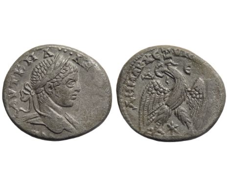 Elagabalus Billion Tetradrachm.Â&nbsp;218-222 AD. Laureate head right, drapery on left shoulder, wreath ties behind neck. R. 