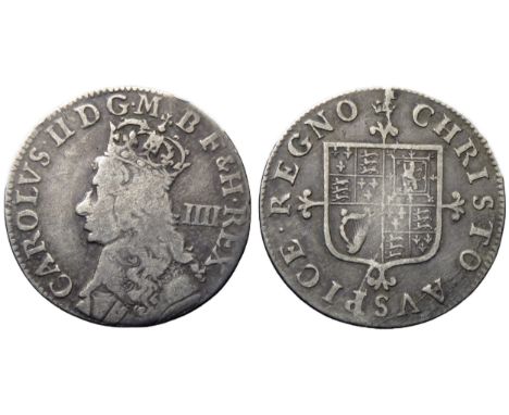 Charles II fourpence. Milled coinage, 1662-1685. Silver, 19mm, 1.93g. Crowned bust left, mark of value behind. R. Shield of a