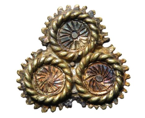 Tudor period silver-gilt button or hat badge. Circa 16th century CE. Formed of three roundels (Holy Trinity), possibly repres