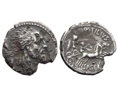 L. Hostilius Saserna denarius. 48 BC. Rome mint. Head of Gallic captive (Vercingetorix?) right, wearing hair flowing back and