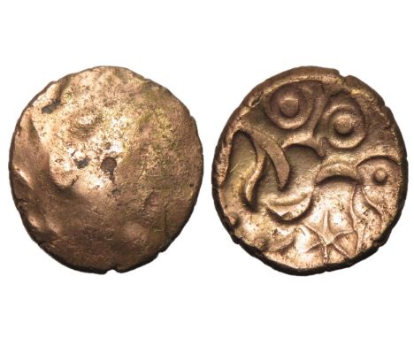 Corieltavi, South Ferriby 'Owl eyes' gold stater. Circa 45-10 BC.Â&nbsp;Traces of wreath motif. R. Lunate horse left, two lar
