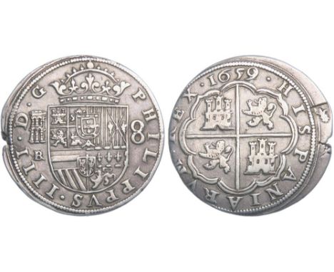 Spain: Philip IV 8 Reales 1659, Segovia mint. Crowned Spanish arms, double arched aquaduct. PHILIPPVS IIII D G. R. Arms of Ca
