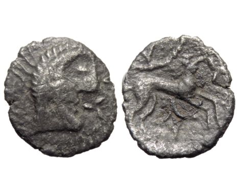 Iceni, Norfolk God silver unit. Circa 1st century AD. Male head right, moustachioed, short dashes for hair. R. Horse right, c