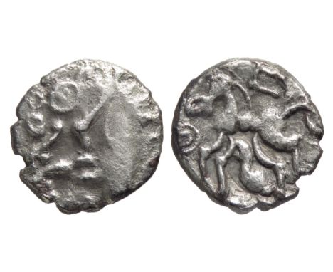 Commios Ladder Head silver unit, upright E type. Moon head left, verticle lentoid eye, curved ladder for hair, small phallic 