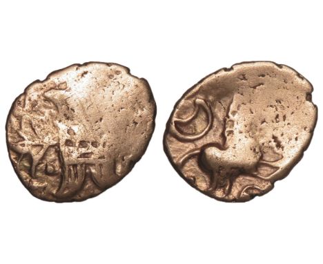 Iceni, Irstead Smiler gold quarter stater. Lattice square on opposed crescents, projecting branch above and below. R. Horse s