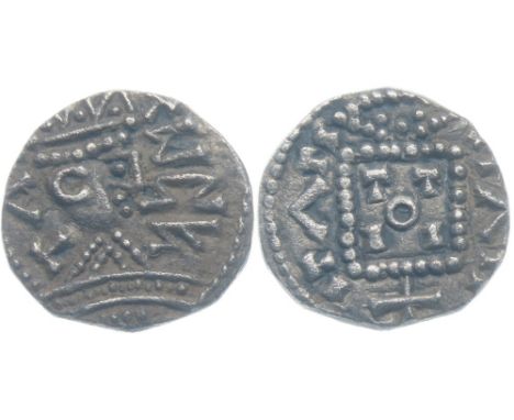 Series R sceatta, primary phase circa 680-710 AD. Small radiate bust right with pyramidal neck on curved exergual lines eithe