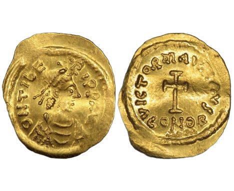 Byzantine: Maurice Tiberius 582-602 AD. Gold Tremissis. Mint of Constantinople. D N TIBERI PP AVG, pearl-diademed, draped and