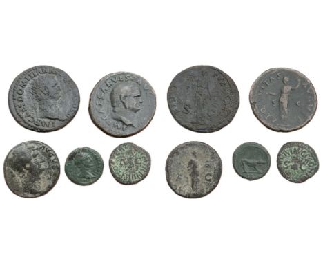 Roman Empire (5). Circa 1st-2nd century CE. Ae As of Vespasian, R. Aequitas. Dupondius of Domitaian, R. Fides publicae. Quadr