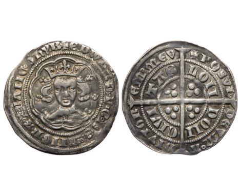 Edward III groat. Pre-treaty period, 1351-61 AD. Series E. Crowned facing bust, +EDWARD D G REX ANGL Z FRANC D HYB. R. Cross 