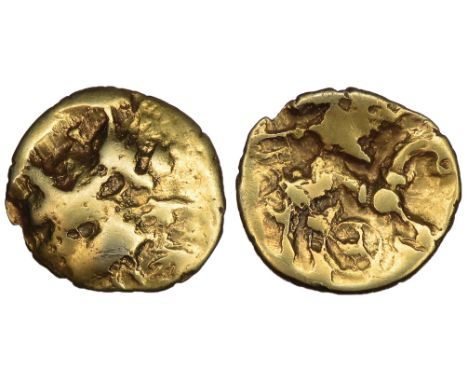 Atrebates and Regini Selsey Dahlia quarter stater. Damaged die type. Circa 1st century BC. Almost plain. R. Triple-tailed hor