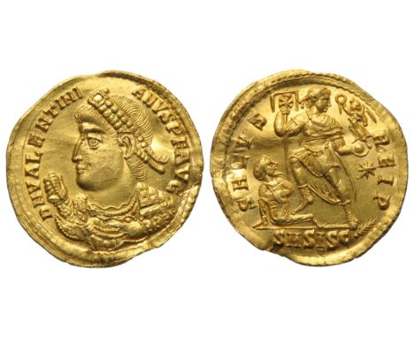 Valentinian gold solidus. Circa 364-367 AD. D N VALENTINIANVS P F AVG, Diademed bust left, wearing imperial mantle, holding m
