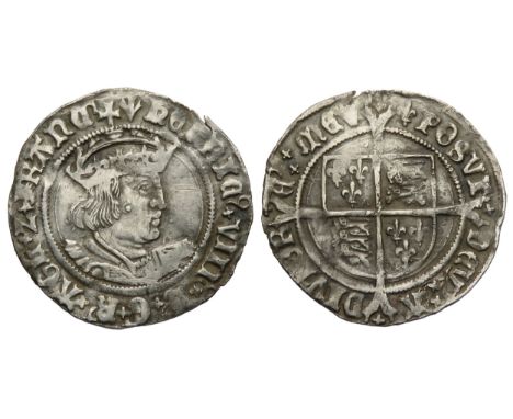 Henry VIII groat. Second coinage, 1526-44. Crowned bust right, HENRIC VIII D G R AGL Z FRANC. R. Shield over cross, mint mark