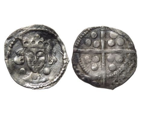 Edward IV Irish penny. Dublin. Cross and Pellet coinage, 1465 AD. Crowned facing bust, large pellet either side of neck. R. P