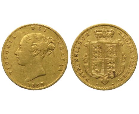 Victoria 1859 gold half sovereign. 3.91g. Second larger head left, date below. R. Crowned shield within wreath. Ref: S.3859A.