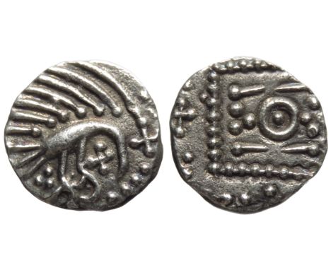 Series E Sceatta, Plumed bird. Continental issues, circa 690-760 AD. Plumed bird right, tubular body, head bent down, triple 