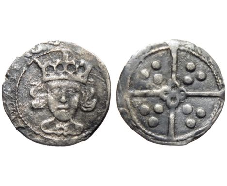 Edward IV penny, York. Second reign, 1471-83 AD. Crowned facing bust, rose on breast. R. Cross, pellets in angles, quatrefoil