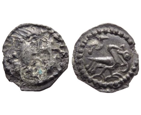 Series J sceatta, type 36 variety.Â&nbsp; Diademed bust right, braided hair, wreath ties behind, long cross before. R. Two bi