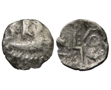 Durotriges silver quarter stater. Circa 20 BC. Three men in a boat design. R. Zigzag thunderbolt and line of pellets across f