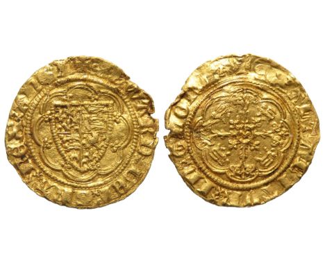Edward III quarter noble. Treaty period, 1361-69 AD. Gold, 20mm, 1.94g. Shield of arms within tressure. +EDWARD DEI GRA REX A