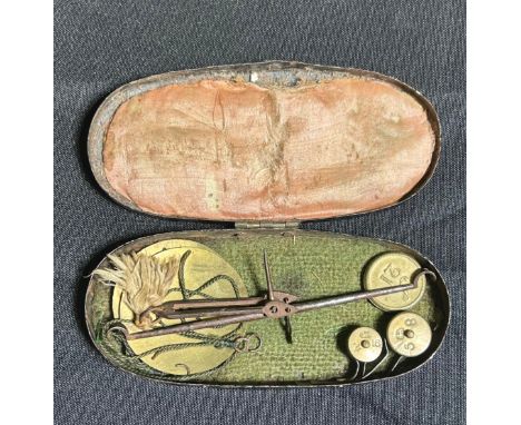 Set of 18th century pocket scales (coin ballance) with its original oval, Japanned-tin case and three brass guinea weights, m