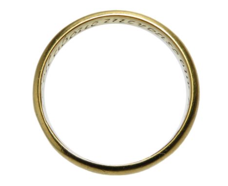 18th century gold posy ring. 4.75g, 22mm; UK ring size R. A plain gold band of high carat gold Inscribed with the verse, "God