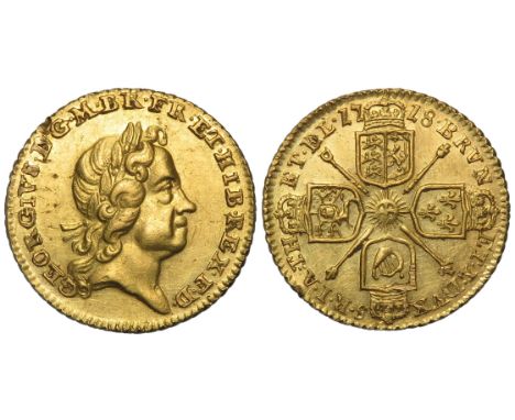 George I 1718 quarter guinea. Laureate head right. R. Crowned cruciform shields, sceptres in angles. Gold, 16mm. 2.10g. Ref: 