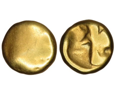 Gallo-Belgic Ca2 gold quarter stater c. 80 BC - 60 BC. Men in a boat motif. R. Various symbols. 14.9mm, 1.61g. Ref: Sills 426
