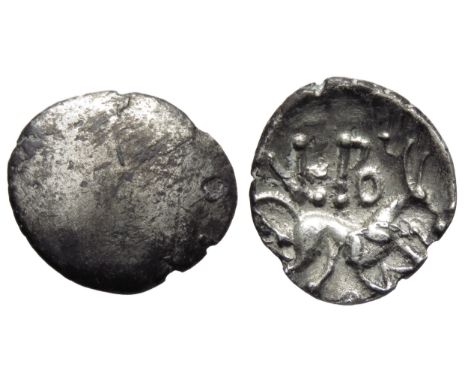 Corieltavi Vepo Vepoc silver unit. Circa 15-40 BC. Plain. R. Horse right, VEPOC (O) MES above and before. Ref: ABC 1869. 15mm