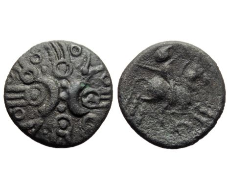Tasciovanos Warrior stater, bronze core. Circa 25 BC-10 AD. Crossed wreaths, back-to-back crescents at centre seperated by pe