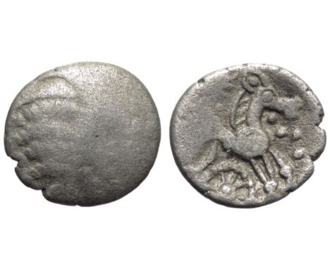 Belgae, Danebury Sunrays silver unit. 12mm, 0.89g. Horned head right, corded lines for hair. R. Horse right, wheel below, wav