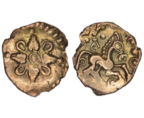 Addedormaros quarter stater, Floral type. Circa 45-25 BC. Flower of four leaves and rings around pellet in ring. R. Annulate 