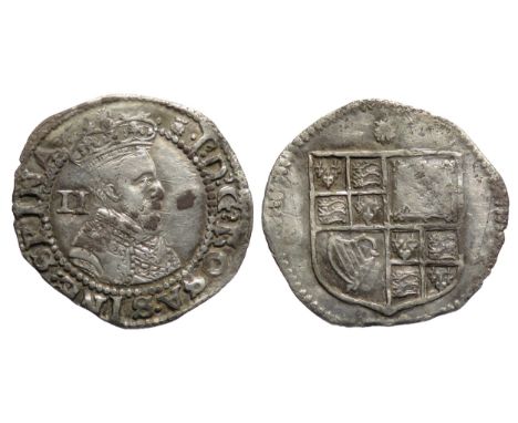 James I half groat. First coinage, 1603-4. Crowned bust right, II mark of value behind. R. Shield of arms, mint mark thistle.