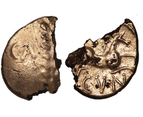 Cunobelinus Linear gold stater, broken.Â&nbsp;Circa 8-41 AD. Corn ear with central stalk, CA left, MV to right. R. Horse righ