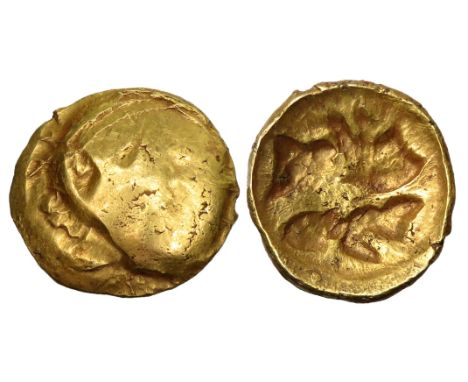Corieltavi quarter stater, Lincolnshire boat tree type, circa 60BC - 45BC. Vestiges of men in boat motif. R. Central bar with