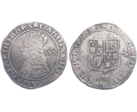 Charles II Halfcrown. Hammered Coinage, 1660-1662. Third issue. 14.76g. 35mm. Crowned bust left, XXX mark of value behind. R.