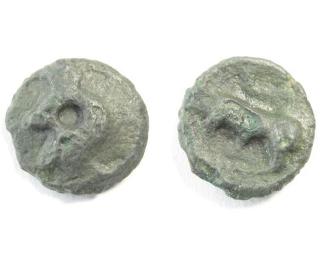 Turoni Devils Head Potin. Circa 1st century BC. 3.19g. 16 mm. Head left with large eye. R. Bull left. Ref: ABC 112. BMC 287-2
