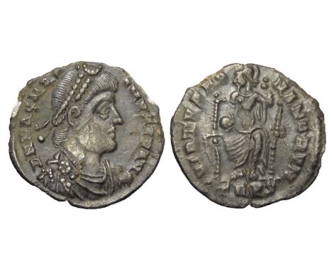 Magnus Maximus siliqua,Â&nbsp;383-388 AD. Trier. Diademed, draped and cuirassed bust left. R. Roma seated on throne, holding 