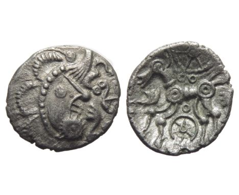 East Wiltshire, Wiltshire wings silver unit. Circa 1st century BC-1st century AD. Moon head right. R. Double-tailed annulate 