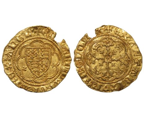 Edward III quarter noble. Treaty period, 1361-69 AD. Gold, 19mm, 1.93g. Shield of arms within tressure. +EDWARD DEI GRA REX A