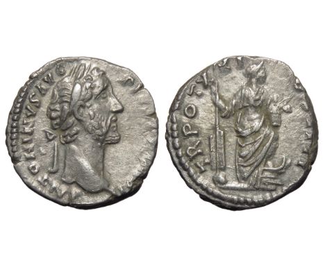 Antoninus Pius denarius. Laureate head right. R. R. TR POT XX COS IIII, Annona standing right, foot on prow, holding rudder a