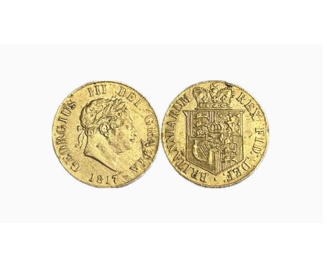 George III 1817 gold half sovereign. Laureate head right, date below. R. Crowned shield. 3.97g. Ref: S.3786.