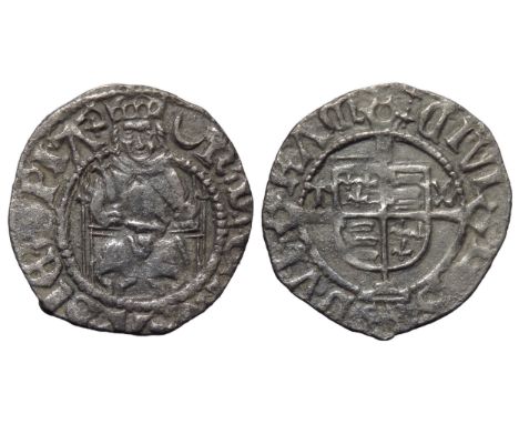 Henry VIII sovereign type penny. Second coinage, 1526-44. Durham. H D G ROSA SIE SPIA, king seated facing. R. Shield over cro