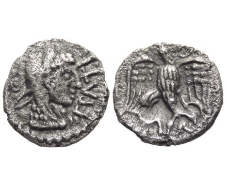 Epatticus silver unit. Circa 20-40 AD. 12mm, 1.18g. Bust right wearing lionskin, EPATI in front. R. Spread eagle standing lef