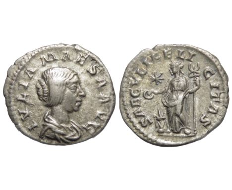 Julia Maesa denarius. Rome, 220-222 AD. Silver, 2.75g, 18.3mm.Â&nbsp;Draped bust of Julia Maesa right. R. SAECVLI FELICITAS. 
